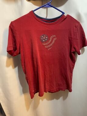 Spirit of America Womens s American Flag Studded Heart Cotton Tee Top Red